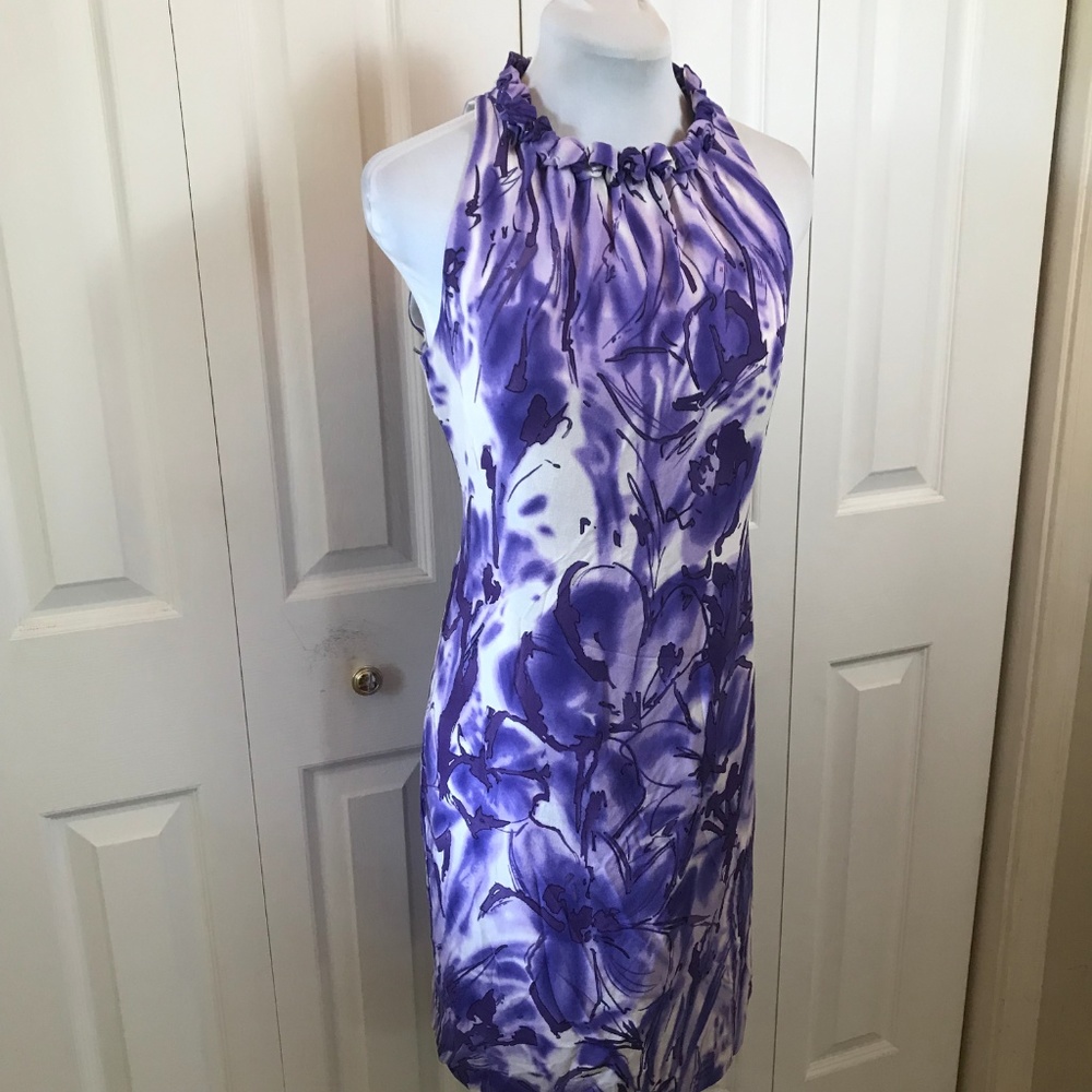Taylor Silk Purple Floral Shift Dress Ruffle Neck - Picture 3 of 8